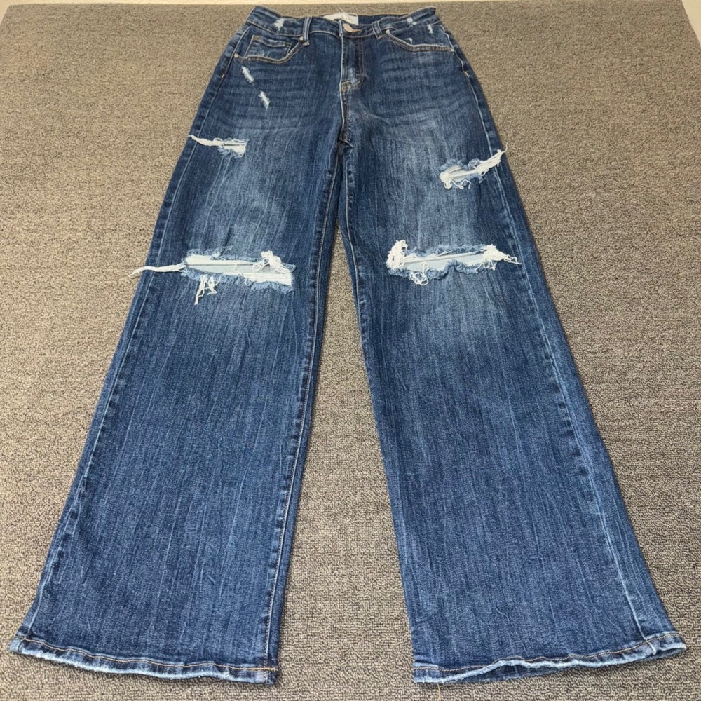 Risen Jeans Los Angeles Distressed Wide Leg Jeans Medium Wash Sz 7/28 Streetwear